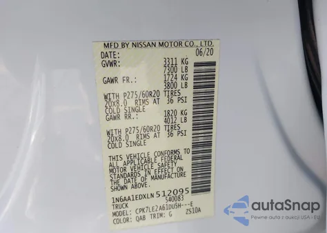 2020 Nissan Titan Sl 4X4 from USA, damaged, VIN 1N6AA1EDXLN512095